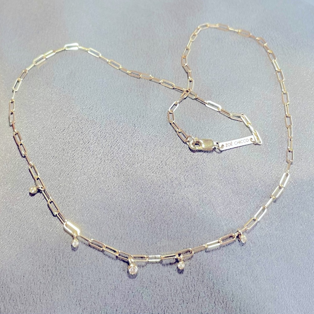 Zoe Chicco 14K 5 DANGLING DIAMOND BEZEL SMALL PAPERCLIP CHAIN NECKLACE